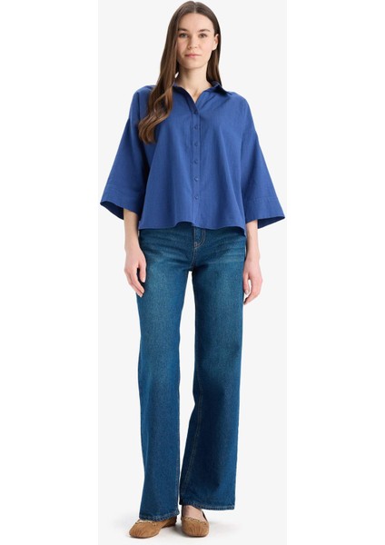 Regular Fit Keten Karışımlı Kısa Kollu Gömlek E8356AX25SM