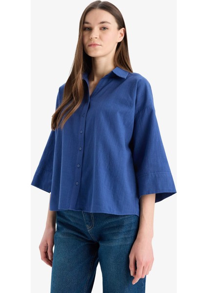 Regular Fit Keten Karışımlı Kısa Kollu Gömlek E8356AX25SM