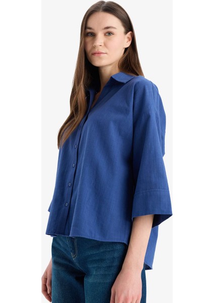 Regular Fit Keten Karışımlı Kısa Kollu Gömlek E8356AX25SM