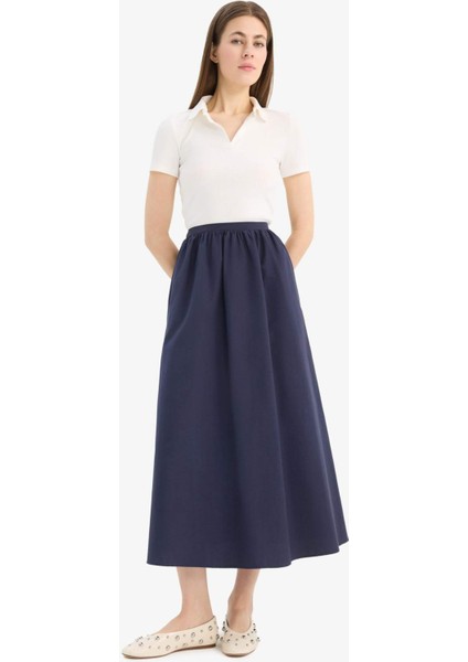 A Kesim Normal Bel Yarım Astar Poplin Midi Etek E8700AX25SP