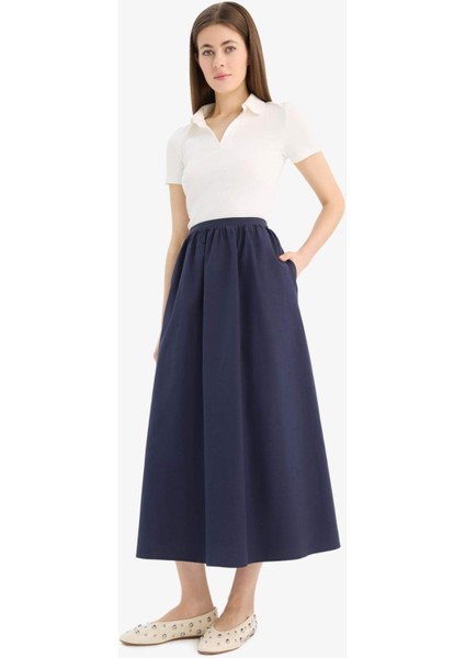 A Kesim Normal Bel Yarım Astar Poplin Midi Etek E8700AX25SP