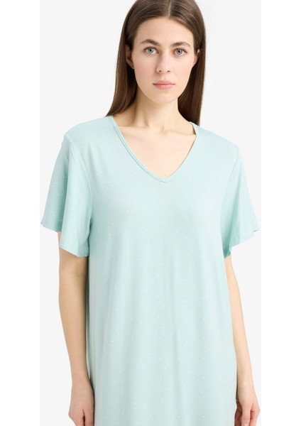 V Yaka Kısa Kollu Gecelik-Fall in Love E0269AX25SP