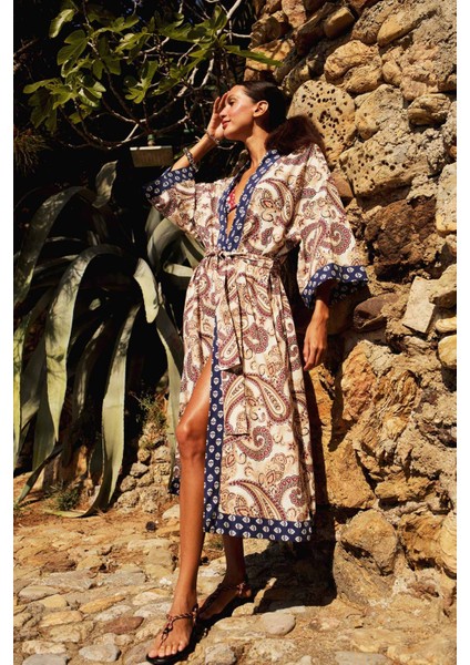 Regular Fit Kuşaklı Etnik Desenli Pamuklu Kimono-Fall in Love D0456AX25SP