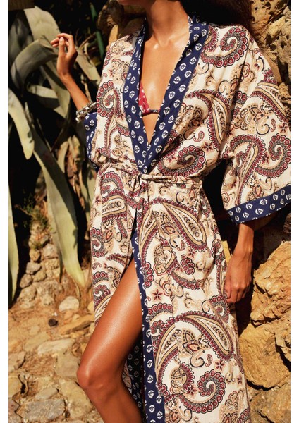 Regular Fit Kuşaklı Etnik Desenli Pamuklu Kimono-Fall in Love D0456AX25SP