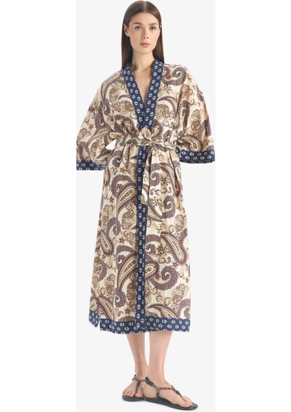 Regular Fit Kuşaklı Etnik Desenli Pamuklu Kimono-Fall in Love D0456AX25SP