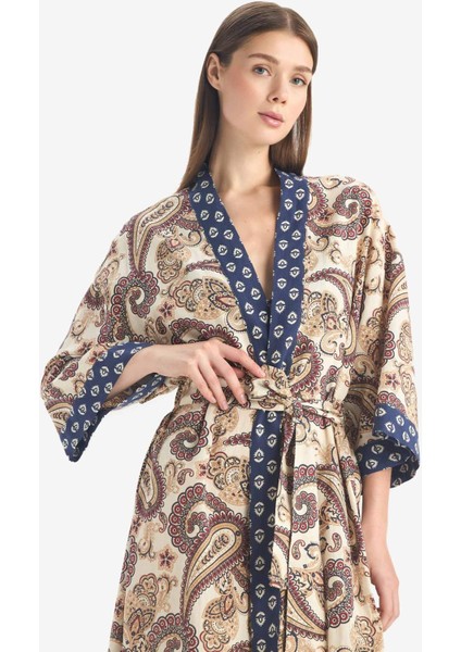 Regular Fit Kuşaklı Etnik Desenli Pamuklu Kimono-Fall in Love D0456AX25SP