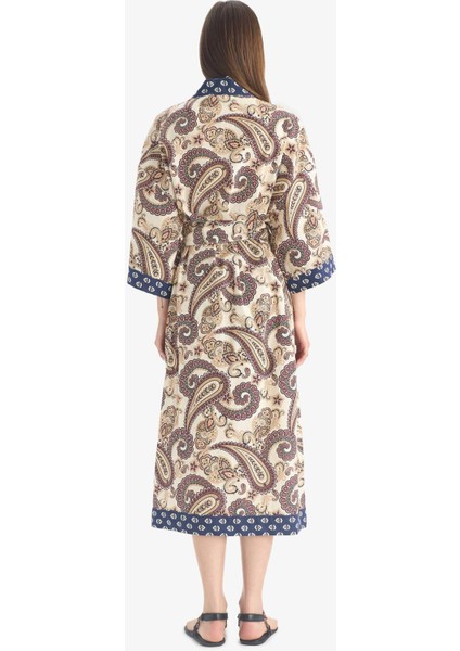 Regular Fit Kuşaklı Etnik Desenli Pamuklu Kimono-Fall in Love D0456AX25SP