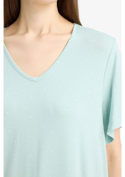 V Yaka Kısa Kollu Gecelik-Fall in Love E0269AX25SP