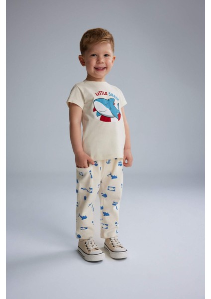 Erkek Bebek 2'li Takım Baskılı Kısa Kollu Waffle Tişört Beli Lastikli Alt