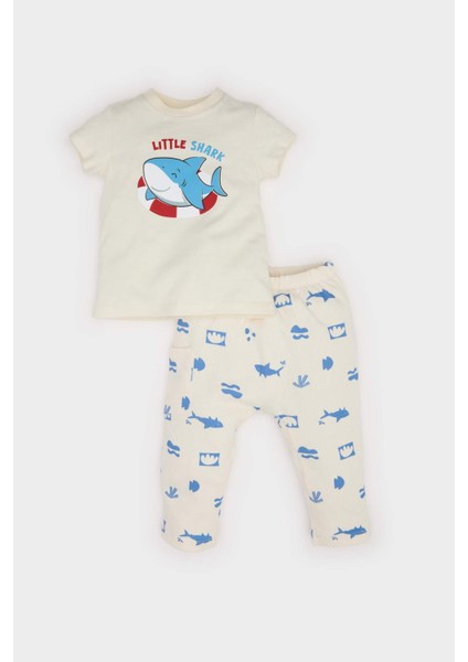 Erkek Bebek 2'li Takım Baskılı Kısa Kollu Waffle Tişört Beli Lastikli Alt