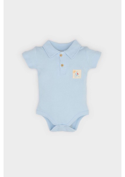 Erkek Bebek Yenidoğan Polo Yaka Baskılı Waffle Kısa Kollu Çıtçıtlı Body