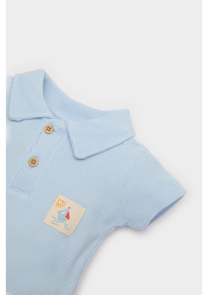 Erkek Bebek Yenidoğan Polo Yaka Baskılı Waffle Kısa Kollu Çıtçıtlı Body