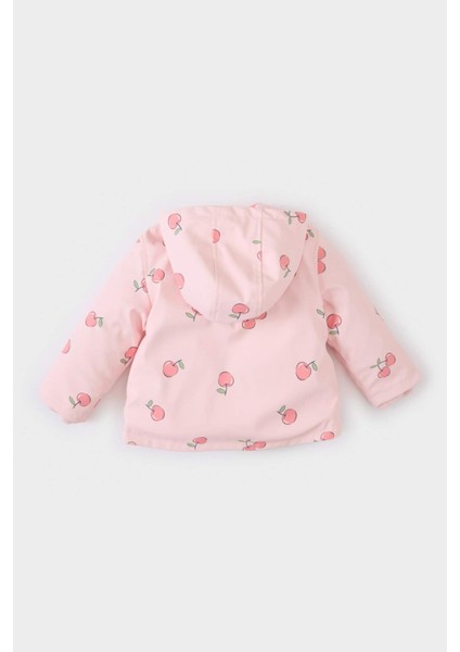 Kız Bebek Rüzgar Geçirmez Su Geçirmez Kapüşonlu Desenli Çıtçıtlı Cepli Mont