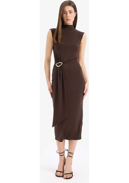 Bodycon Vücudu Saran Balıkçı Yaka Basic Düz Tokalı Kolsuz Midi Abiye Elbise E8947AX25SP