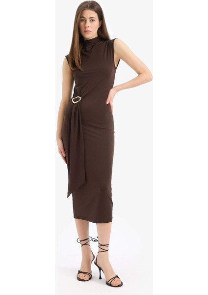 Bodycon Vücudu Saran Balıkçı Yaka Basic Düz Tokalı Kolsuz Midi Abiye Elbise E8947AX25SP