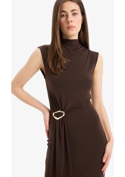 Bodycon Vücudu Saran Balıkçı Yaka Basic Düz Tokalı Kolsuz Midi Abiye Elbise E8947AX25SP