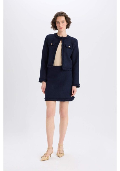 A Kesim Yüksek Bel Basic Düz Tweed Mini Etek