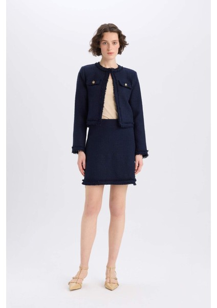 A Kesim Yüksek Bel Basic Düz Tweed Mini Etek