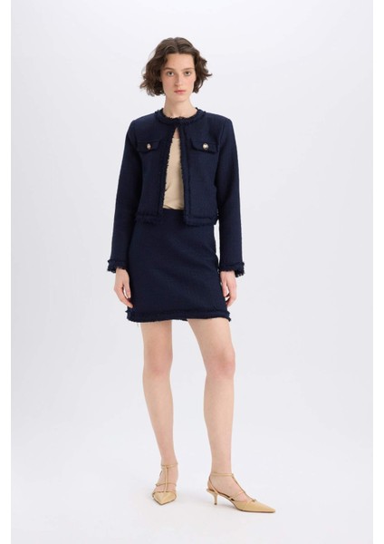 A Kesim Yüksek Bel Basic Düz Tweed Mini Etek