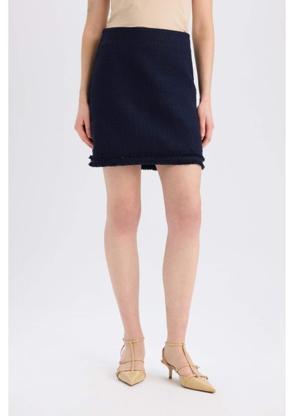 A Kesim Yüksek Bel Basic Düz Tweed Mini Etek