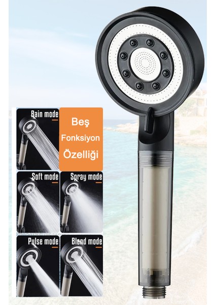 Siyah Çelik Panelli 5 Fonksiyonlu Estetik Banyo Duş Başlığı