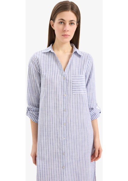 Gömlek Yaka Çizgili Uzun Plaj Gömleği-Fall in Love E6708AX25SP