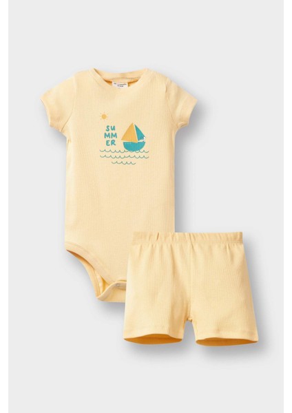 Erkek Bebek 2'li Takım Baskılı Fitilli Kaşkorse Kısa Kollu Çıtçıtlı Body Şort E8228A525SM