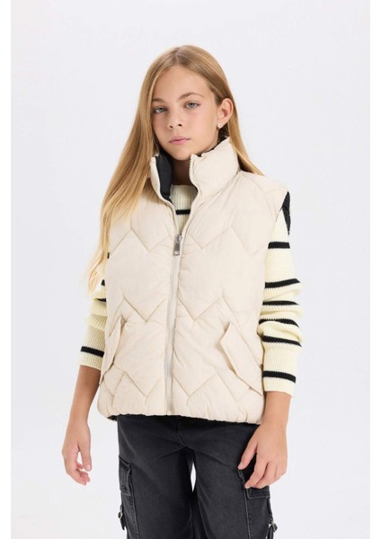 Kız Çocuk Su Geçirmez Büyük Yaka Fermuarlı Cepli Şişme Yelek