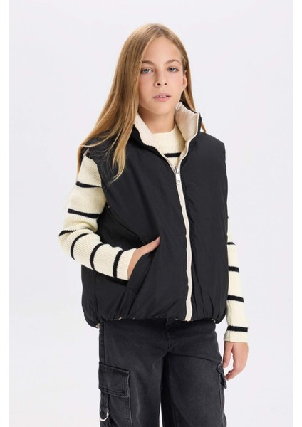 Kız Çocuk Su Geçirmez Büyük Yaka Fermuarlı Cepli Şişme Yelek