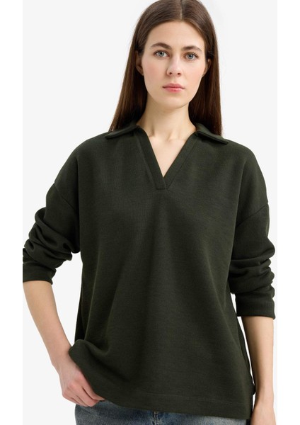 Relax Fit Polo Yaka Basic Düz Uzun Kollu Tişört E8681AX25SP