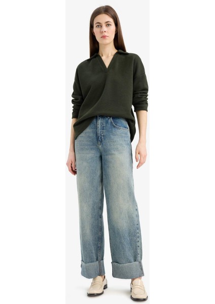 Relax Fit Polo Yaka Basic Düz Uzun Kollu Tişört E8681AX25SP