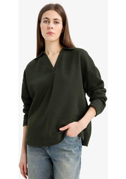 Relax Fit Polo Yaka Basic Düz Uzun Kollu Tişört E8681AX25SP