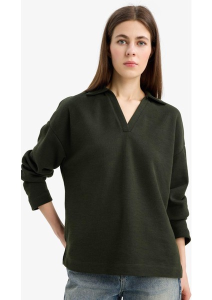 Relax Fit Polo Yaka Basic Düz Uzun Kollu Tişört E8681AX25SP