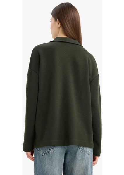 Relax Fit Polo Yaka Basic Düz Uzun Kollu Tişört E8681AX25SP