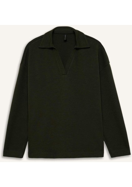 Relax Fit Polo Yaka Basic Düz Uzun Kollu Tişört E8681AX25SP