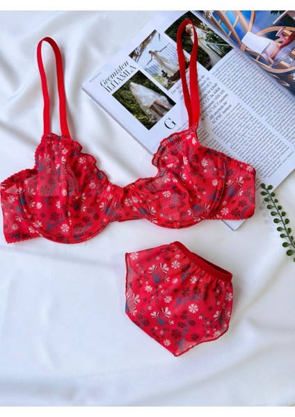 Çiçek Desenli Tül Transparan Dantel Sütyen Takımı Desteksiz Balenli 75B-90B fiyatları