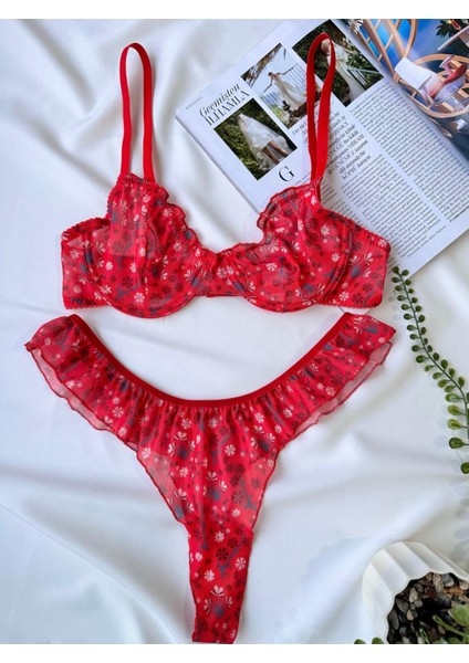 Çiçek Desenli Tül Transparan Dantel Sütyen Takımı Desteksiz Balenli 75B-90B modelleri