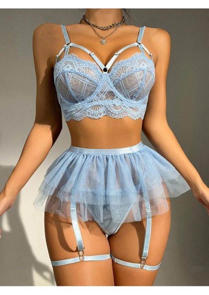 Mavi Transparan Tüllü Dantelli Jartiyer Takımı modelleri