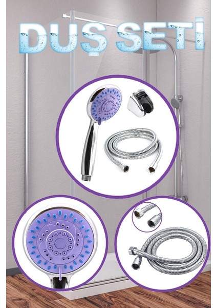 Mor Yuvarlak Metal Duş Seti, Hortum ve Fıskiye, Şık ve Sağlam Tasarım