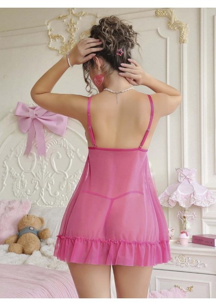 Pembe Transparan Dantel Detaylı Fırfırlı Gecelik fiyatları