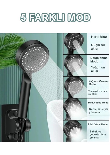 Renkli 5 Fonksiyonlu Filtreli Yağmurlama Duş Başlığı ve 150 cm Hortum