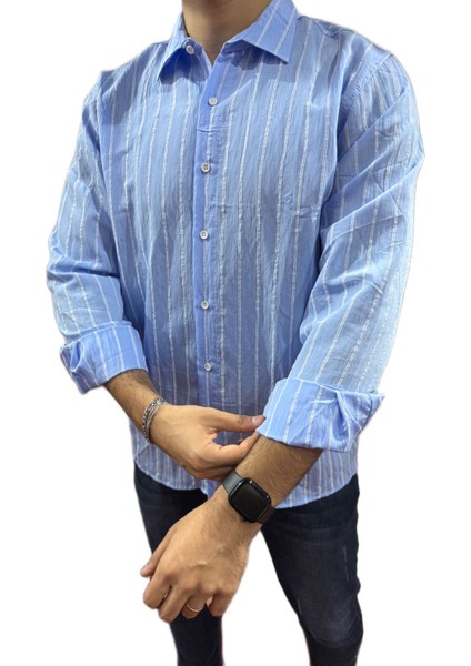 Çizgili Keten Spor Gömlek Mavi