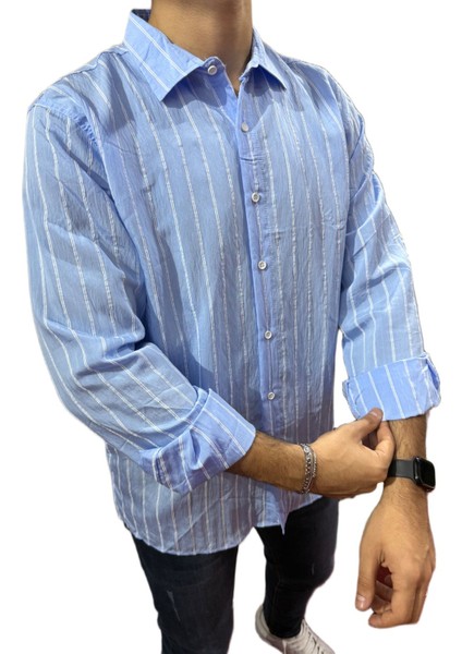 Çizgili Keten Spor Gömlek Mavi fiyatları