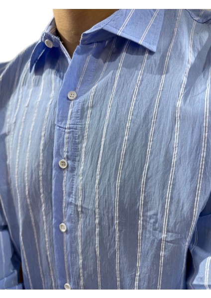 Çizgili Keten Spor Gömlek Mavi modelleri