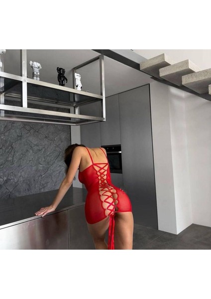 Ateş Kırmızı Fantezi Gecelik – Metal Halkalı Saten Ip Bağlamalı Sırt Dekolteli