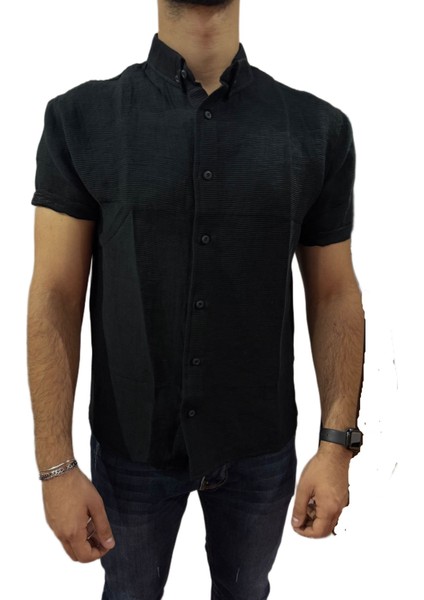 Erkek Siyah Dokulu Kısa Kollu Gömlek modelleri