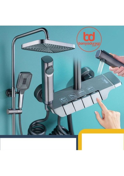 Gri Robot Tasarımlı Duş Seti, Yağmur Yağdırıcı, 4 Tuşlu, Bataryalı, Şık Tasarım