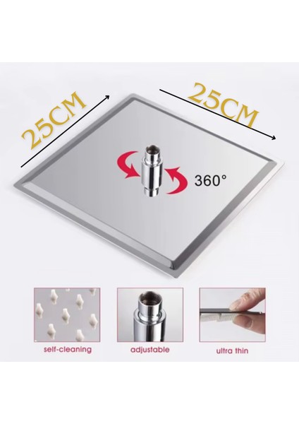 304 Paslanmaz Çelik Kare Slim Tepe Duş Başlığı, 25CM, Krom modelleri