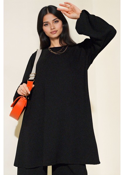 Kadın BDART Dokulu Uzun Kollu Tunik ve Geniş Paça Pantolon Seti Siyah