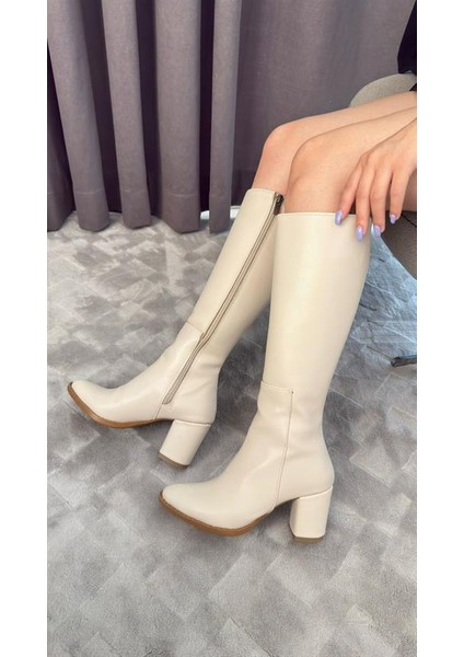 Kadın Morena Bej Cilt Yandan Fermuarlı Diz Altı Cizme